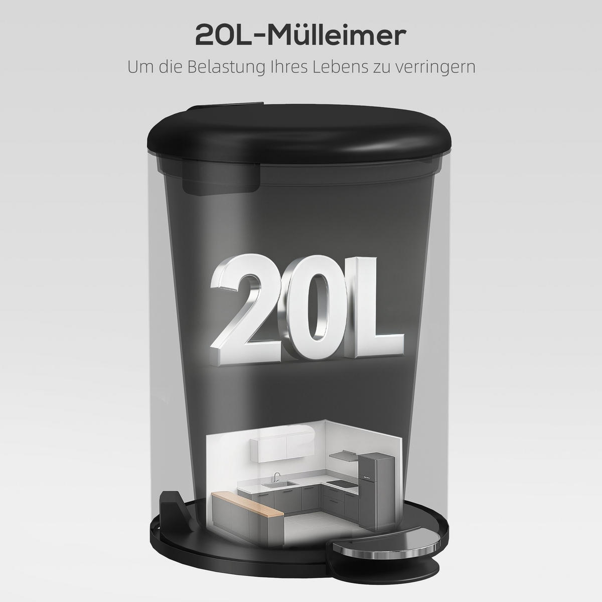 TRETEIMER 20L mit Soft-Close Deckel Schwarz - Schwarz, Kunststoff (30/44/36cm) - HOMCOM