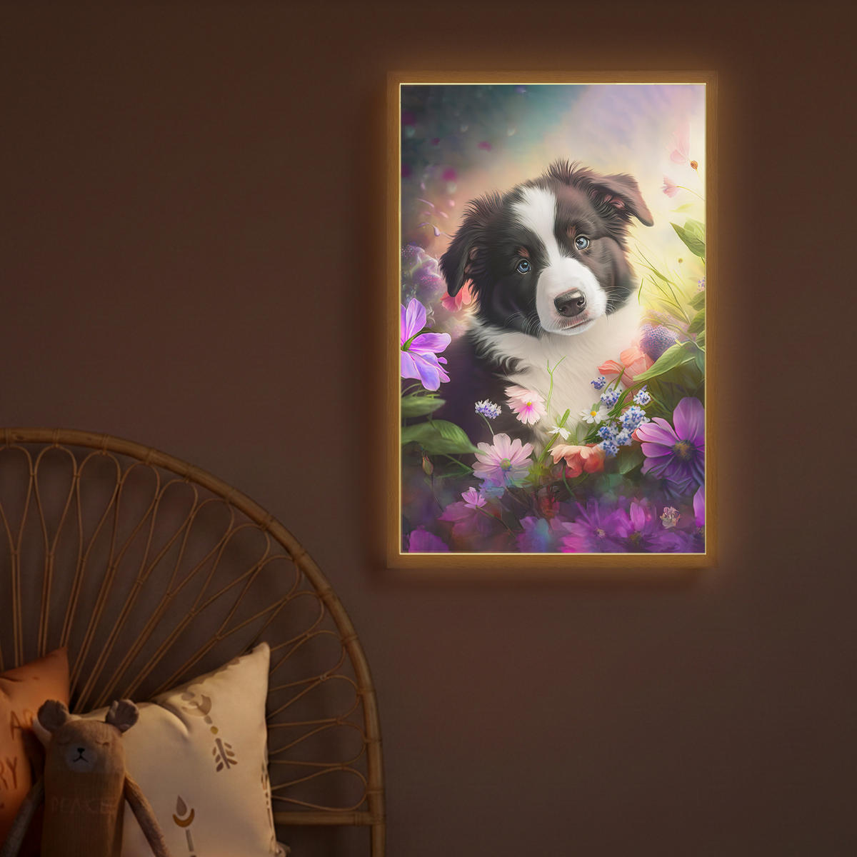 DOBÍJECÍ NOČNÍ LAMPIČKA Štěně - Slunce - Květiny - Příroda - Border kolie - Pes 40x60 cm - fialová, kompozitní dřevo (8/40/60cm) - OnlyWow