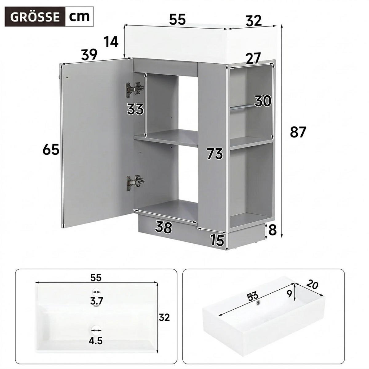 WASCHTISCHKOMBI 55/32/87 cm Grau mit abnehmbarem Toilettenpapierhalter, ohne Wasserhahn - Grau, Holz/Holzwerkstoff (32/87/55cm) - Oxeza