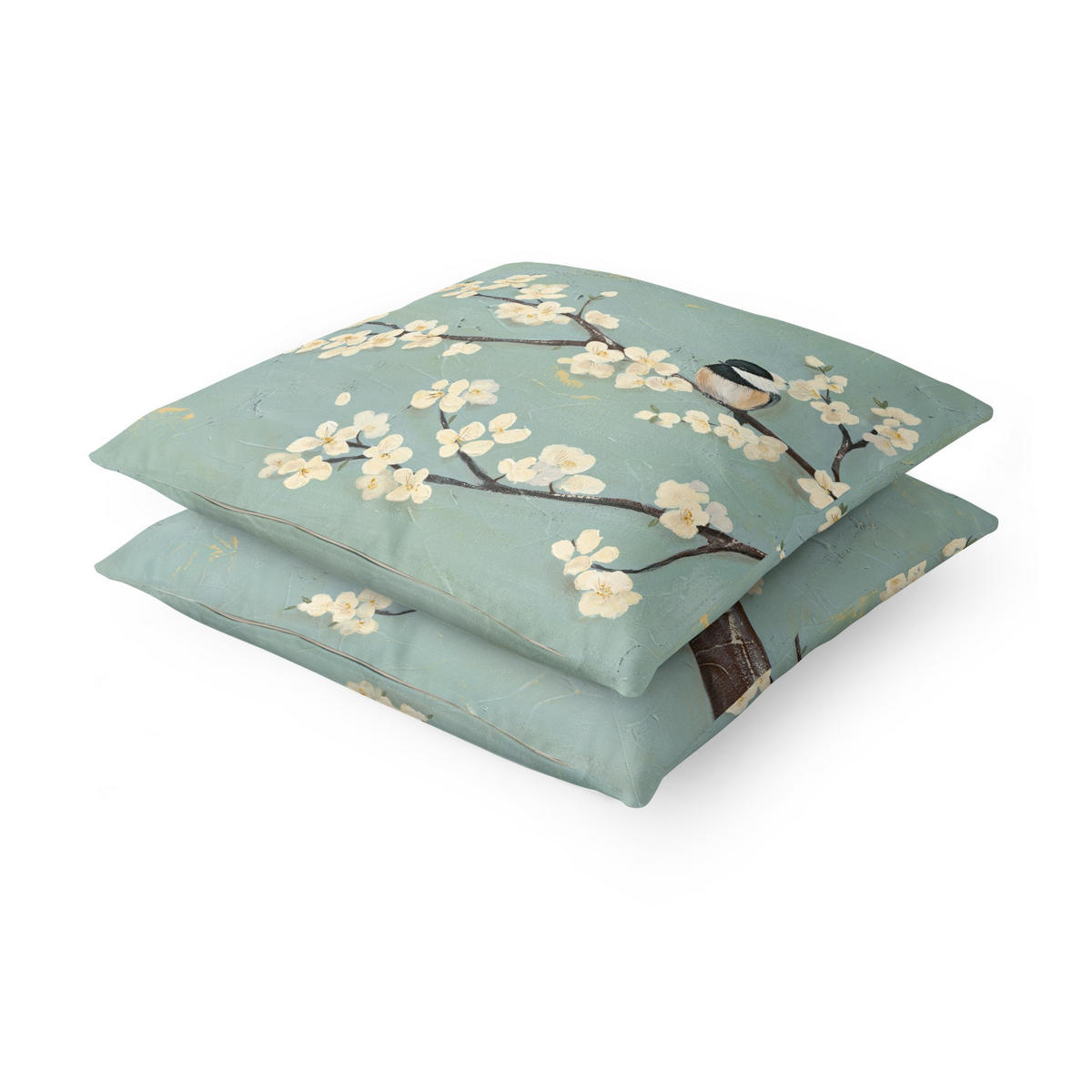 DEKOKISSEN 2er-Set Meise auf Kirschbaum Set I 50/50 cm - Grün, Textil (50/50cm) - Bilderwelten