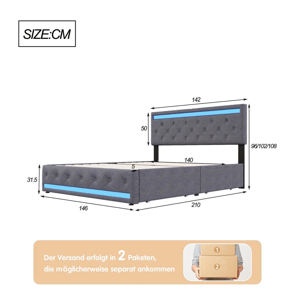 POLSTERBETT 140x200 cm, Grau, LED-Beleuchtung und USB-Steckdose - Grau, Textil/Metall (140/200cm)