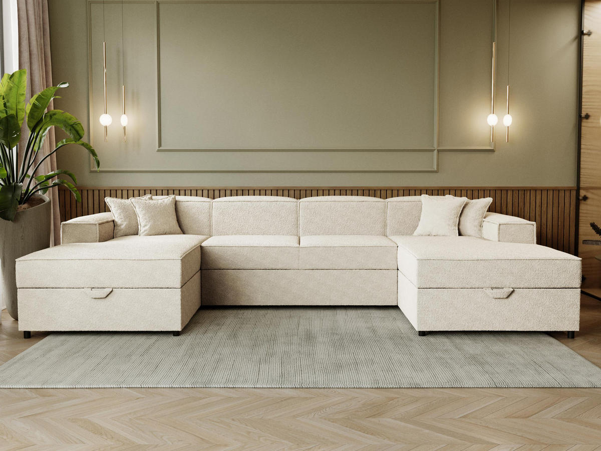 WOHNLANDSCHAFT Santos U Boucle - Schwarz/Naturfarben, Holzwerkstoff/Kunststoff (320/79/166cm) - MIRJAN24