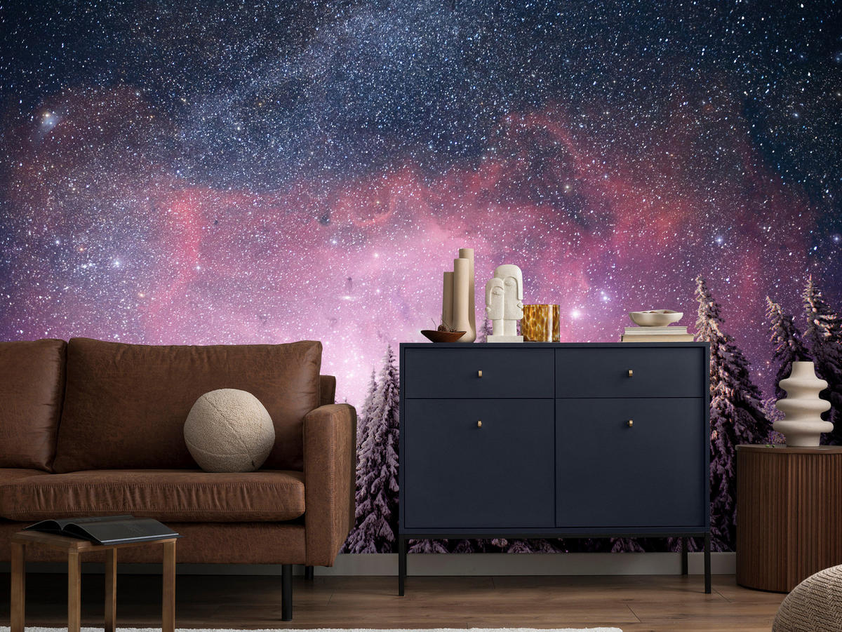 FOTOTAPETE für Schlafzimmer Verzauberter Tannenwald Winter Aurora 500x350 - Violett/Schwarz, Papier (500/350cm) - Muralo