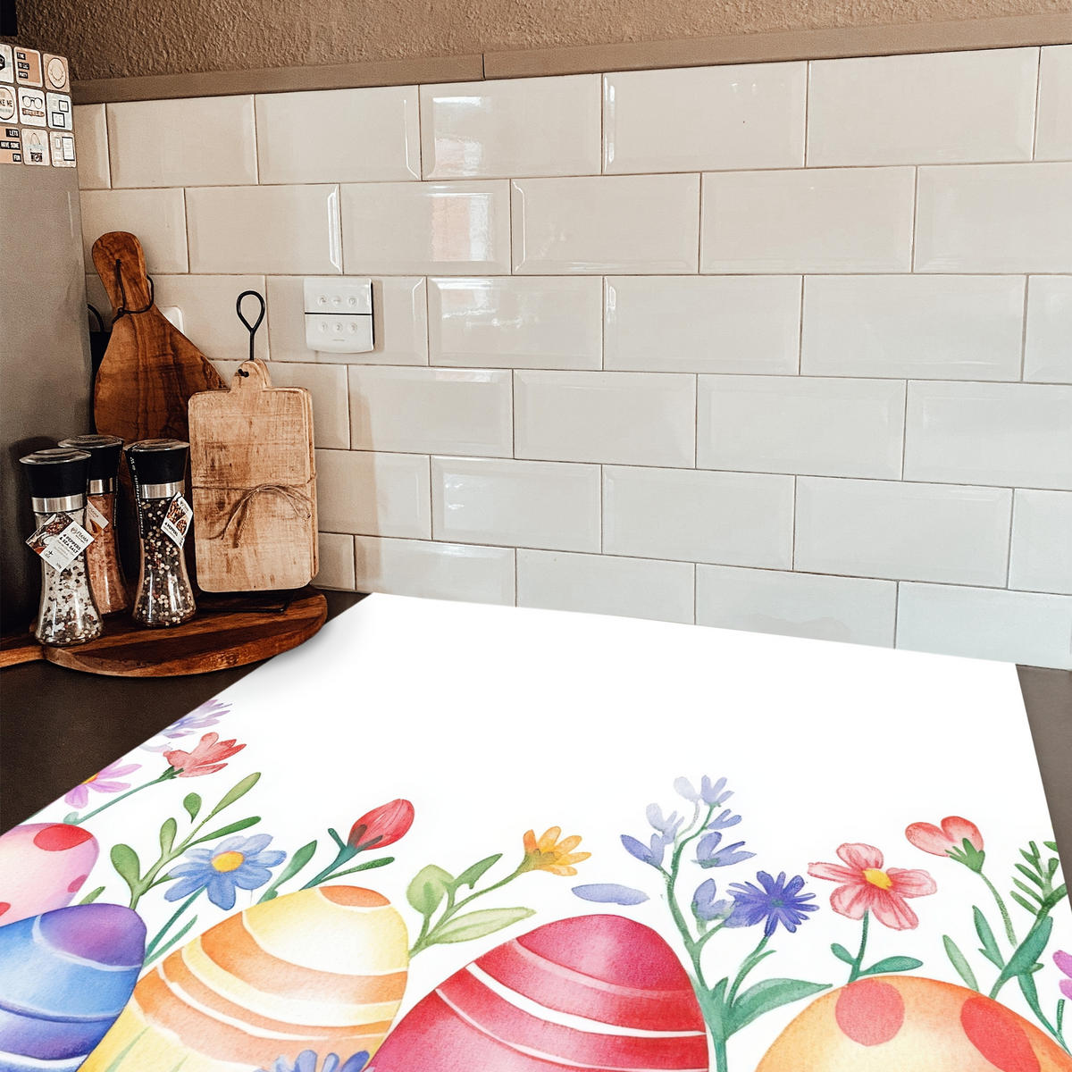 HERDABDECKPLATTE Blumengarten - Bunt - Eier Induktionsmatte 78x78 cm - Weiß, Kunststoff (78/78/0.2cm) - MuchoWow