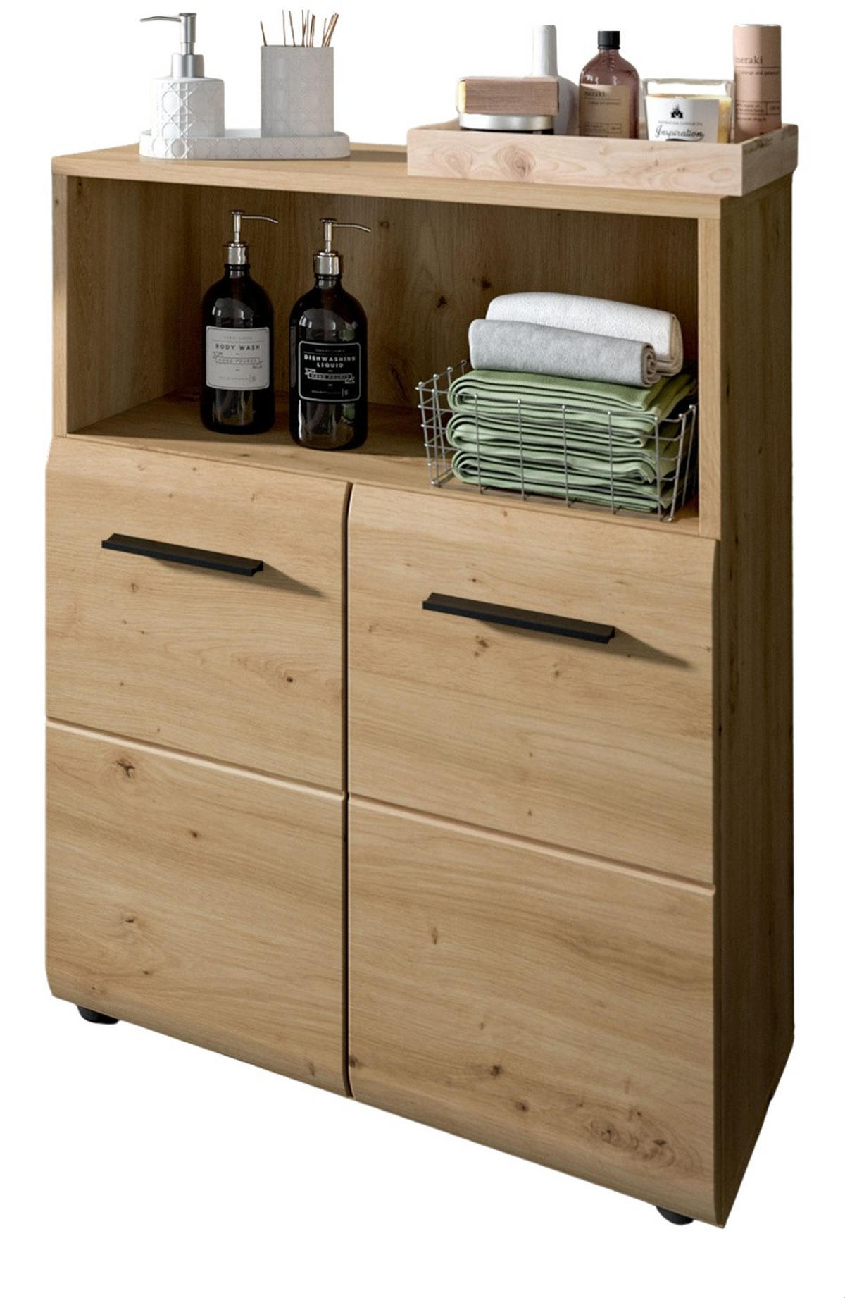 MIDISCHRANK in Eiche Artisan, Badezimmer Kommode 2-türig, 60 x 80 cm - Schwarz/Eiche Artisan, Holzwerkstoff/Kunststoff (60/80/30cm) - Inn.Furn
