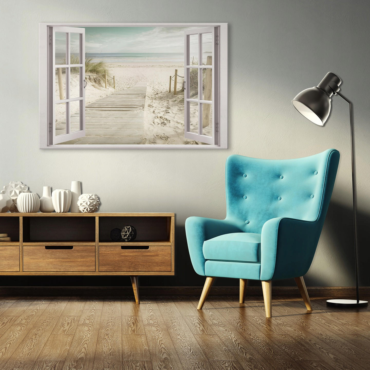 LEINWAND BILDER Fenster Strand Meer Wohnzimmer 100x70 - Multicolor, Holzwerkstoff (100/70cm) - Wallarena