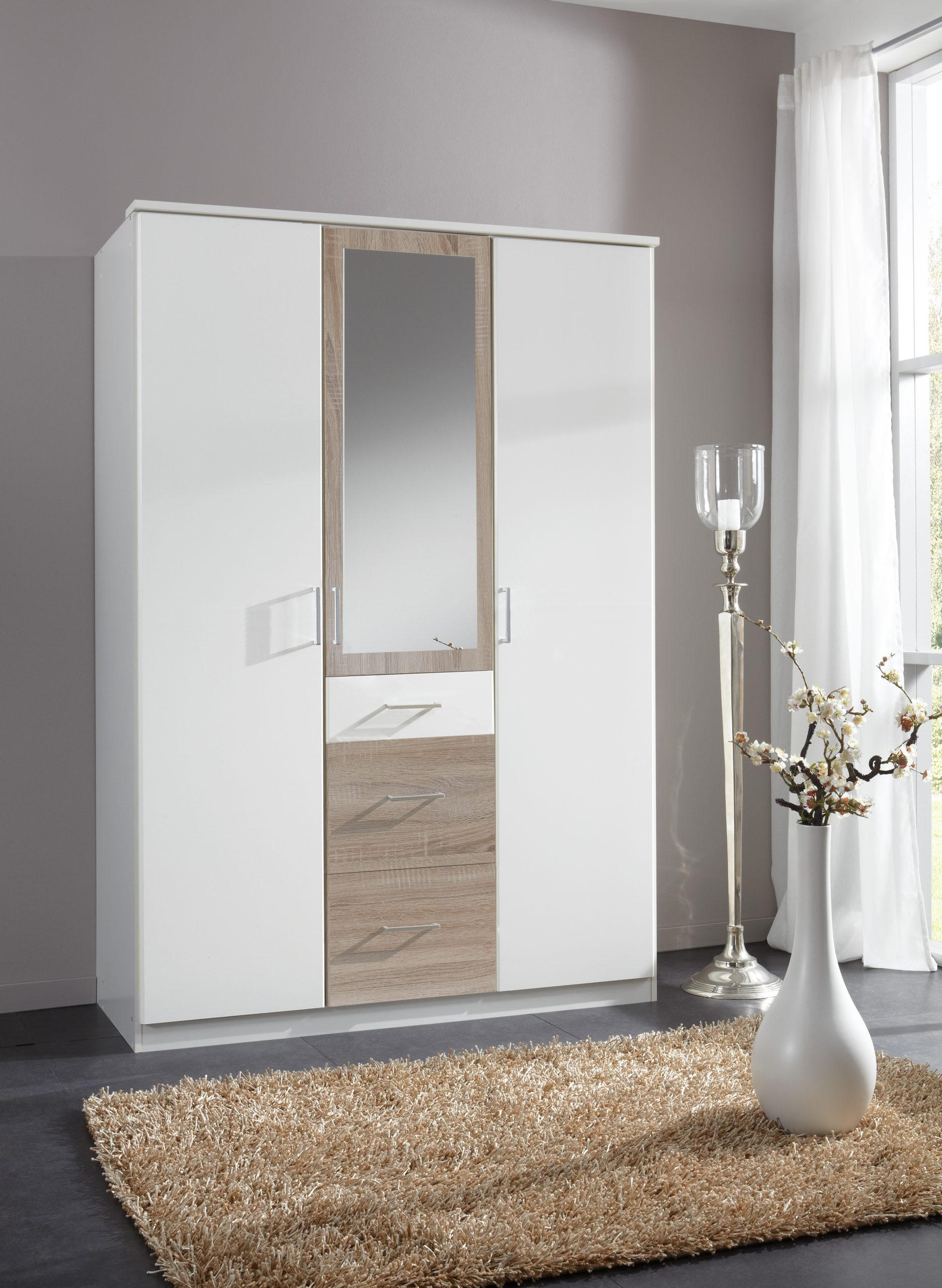 KLEIDERSCHRANK Click in Weiß mit Eiche Sägerau - Drehtürenschrank 135 cm Breite mit Spiegel - Weiß, Holzwerkstoff (135/199/58cm)