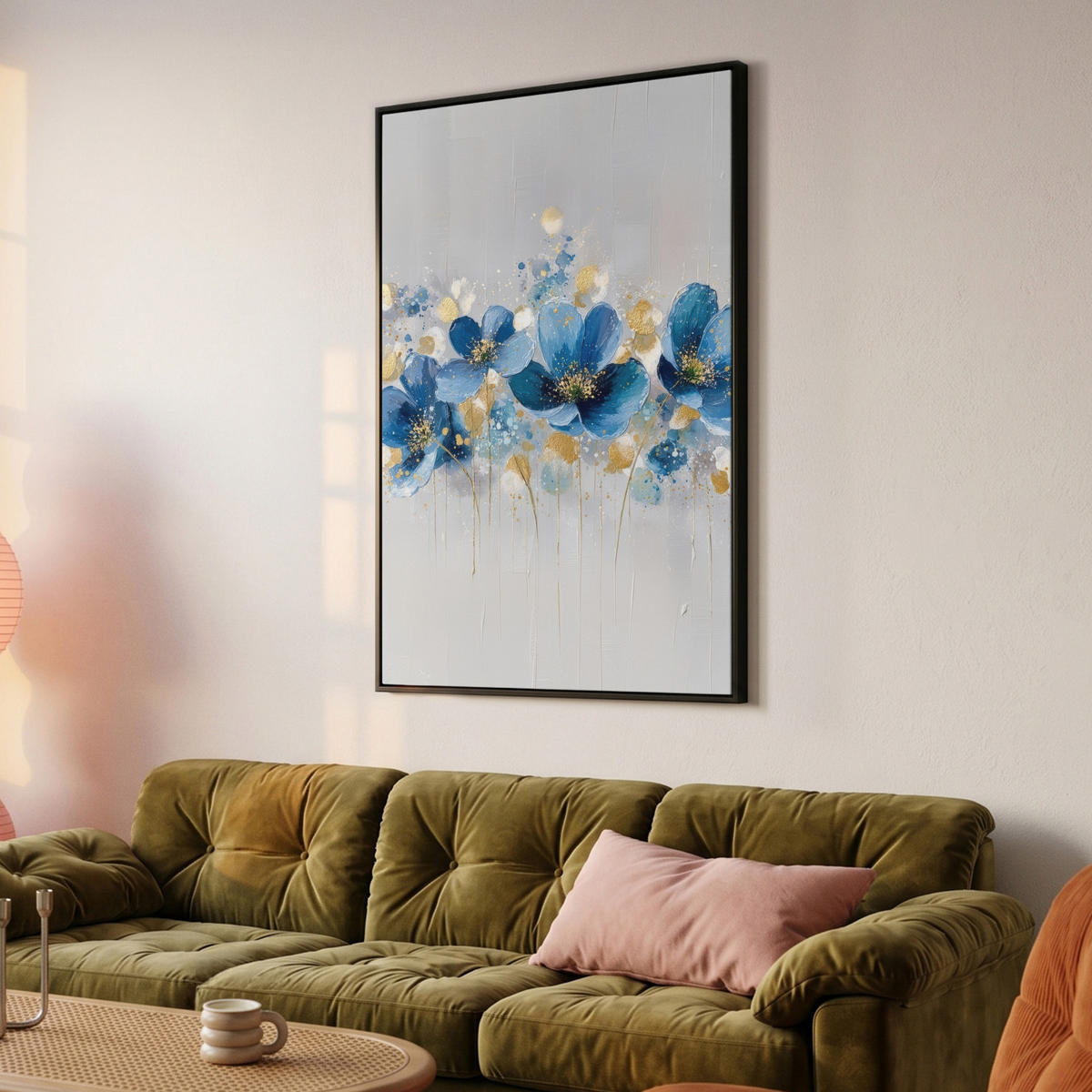 LEINWAND Bilder mit Rahmen - Blumen - Blau - Abstrakt - 80x120 - Hellgrau, Textil (80/120cm) - MuchoWow