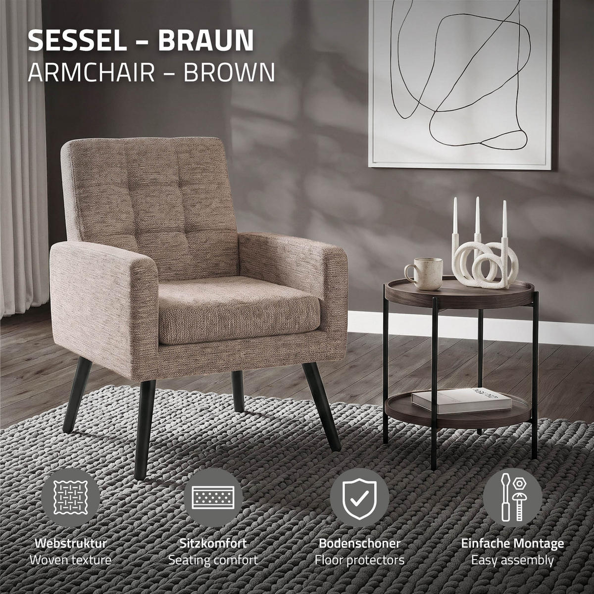 SESSEL mit Stahlbeinen und Webstruktur Relaxsessel 66,5x80x63,5 cm Braun - Schwarz/Braun, Textil/Metall (66.5/80/63.5cm) - ML-DESIGN