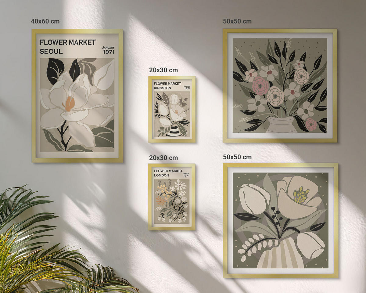 WANDBILDER 5er Set - 50x50 cm & 20x30 cm & 40x60 cm Goldrahmen - Retro-Blumen aus Städten rund um die Welt - Goldfarben, Kunststoff (40/60cm) - ArtPrintCave