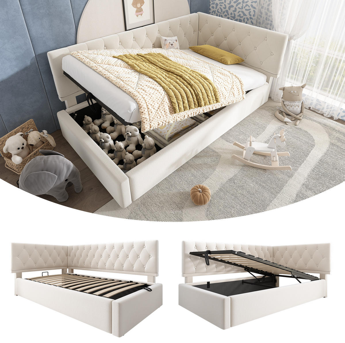 POLSTERBETT aus Samt 90x200 cm Beige mit hydraulischem Bettkasten und Lattenrost - Beige, Textil (90/200cm) - IVMEU