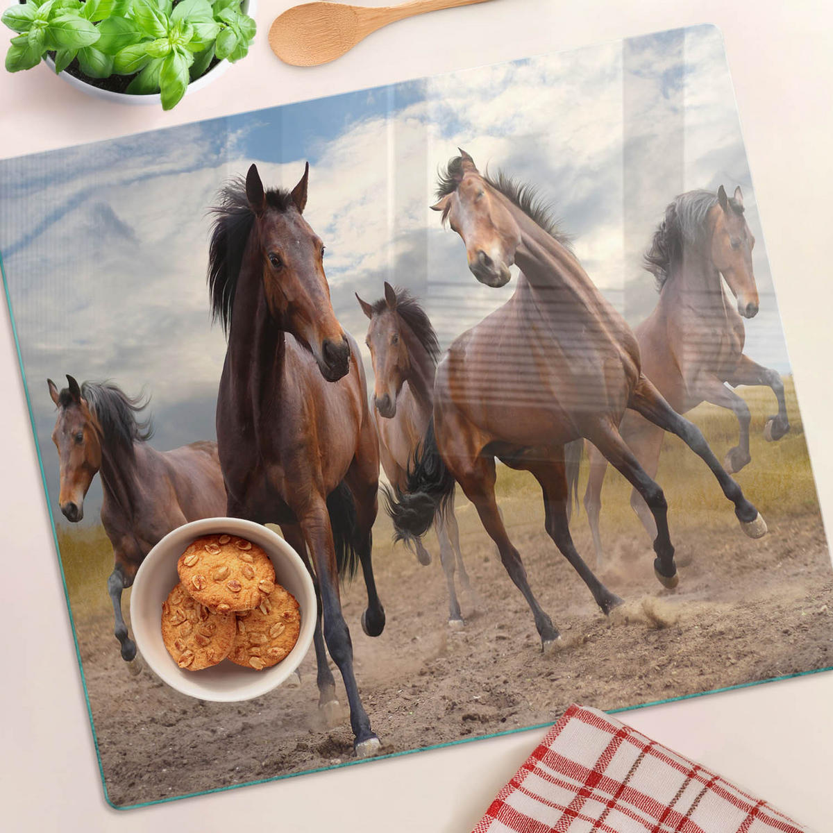 GLASPLATTE 60x52 cm Fünf Pferde - Sandfarben, Glas (60/52cm) - TULUP