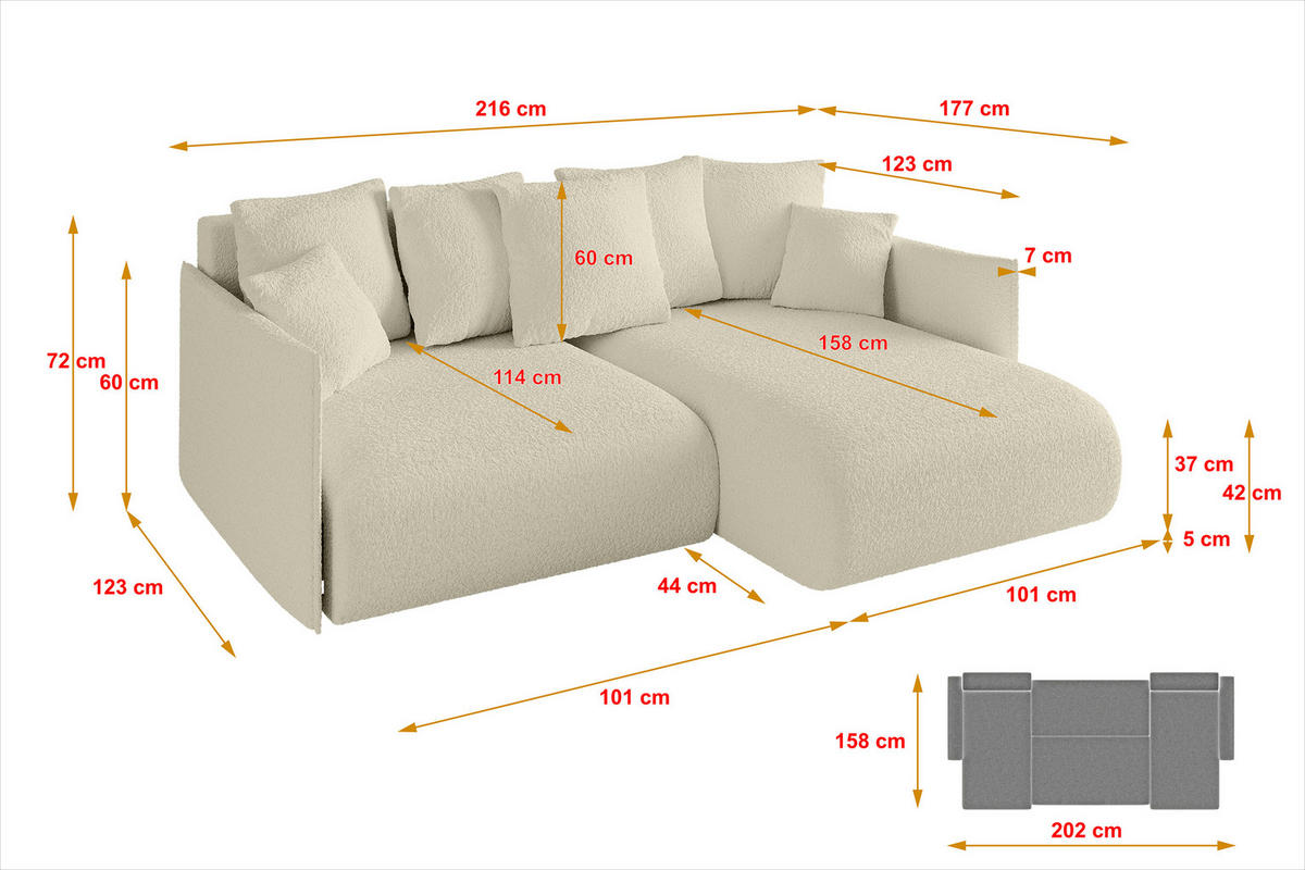 ECKSOFA Ottomane rechts ONESK-L 216x177x72 Beige Bouclé - Beige/Creme, Holzwerkstoff/Kunststoff (177/216cm) - ALTDECOR