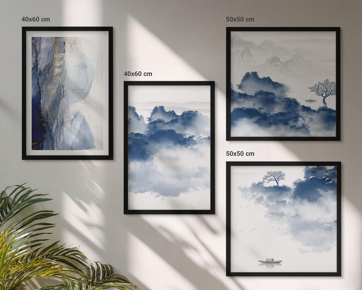 WANDBILDER 4er-Set - 50x50 cm & 40x60 cm Schwarzer Rahmen - Berge, Wolken, Bäume, Vögel im Hintergrund - Schwarz, Kunststoff (50/50cm) - ArtPrintCave