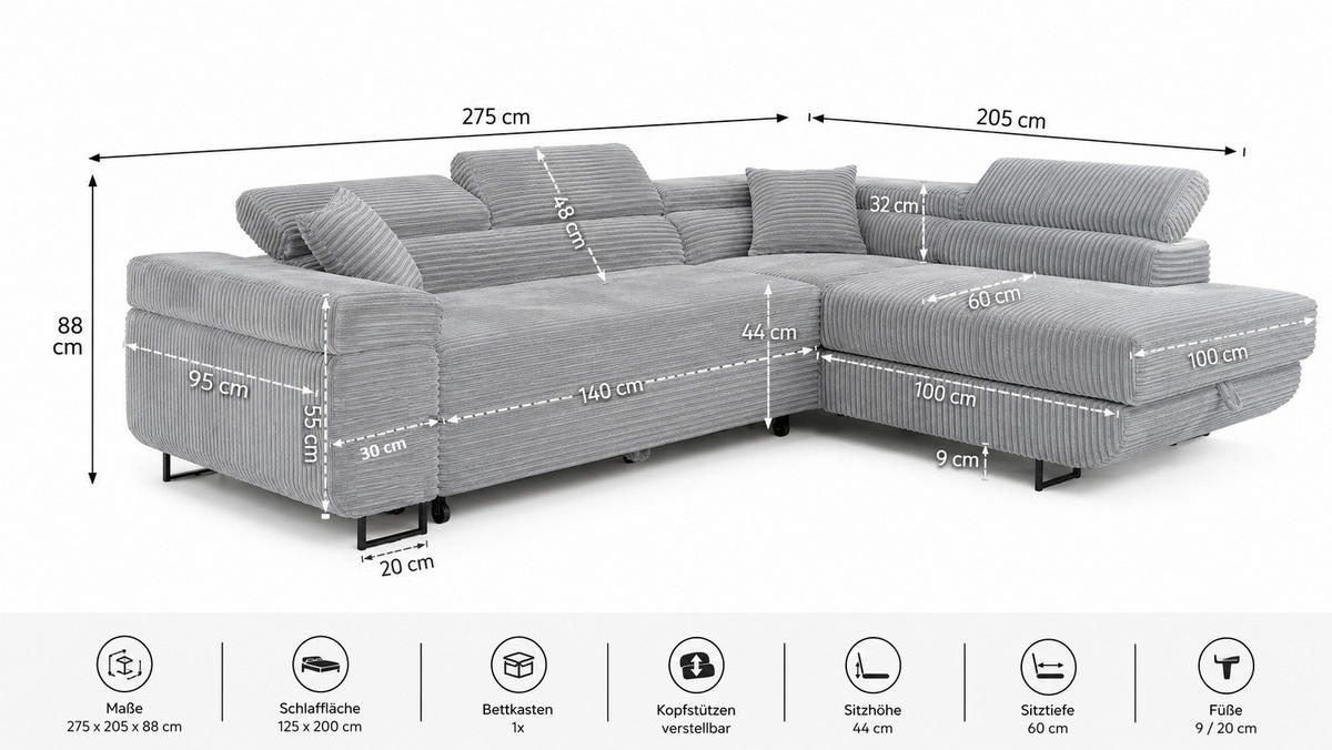 ECKSOFA SERENA L Links mit Stauraum, Beige - Beige, Textil (275/205cm) - KS Home Concept