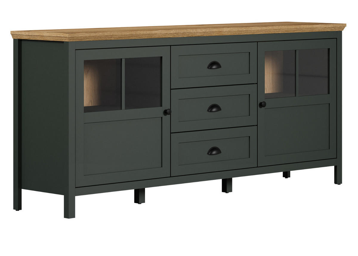 SIDEBOARD grün, Evoke Eiche Landhaus 185 x 86 cm, Kommode inklusive LED Beleuchtung - Eichefarben/Schwarz, Glas/Holzwerkstoff (185/86/45cm) - Top.Furn