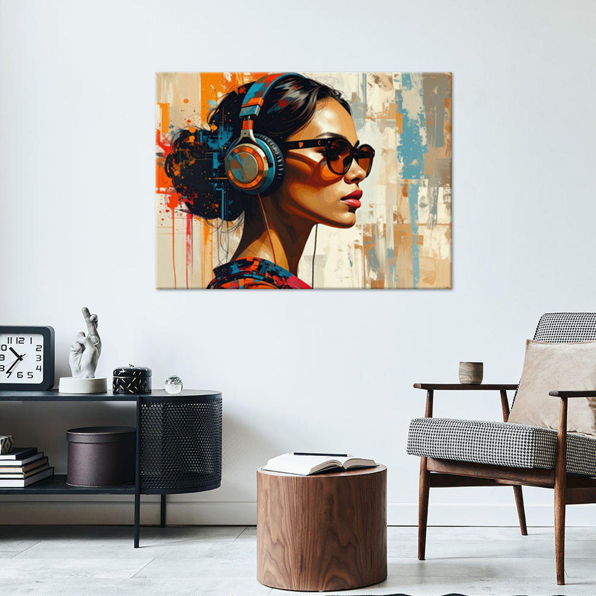 BILD auf Leinwand, Frau mit Kopfhörer und Brille - Multicolor, Textil (30/20cm) - Feeby