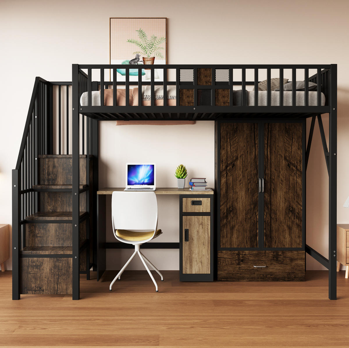 HOCHBETT 90/200 cm Schwarz aus Metall und Holz mit Kleiderschrank und Aufbewahrungsleiter - Schwarz, Metall (90/200cm) - OKMYHOME