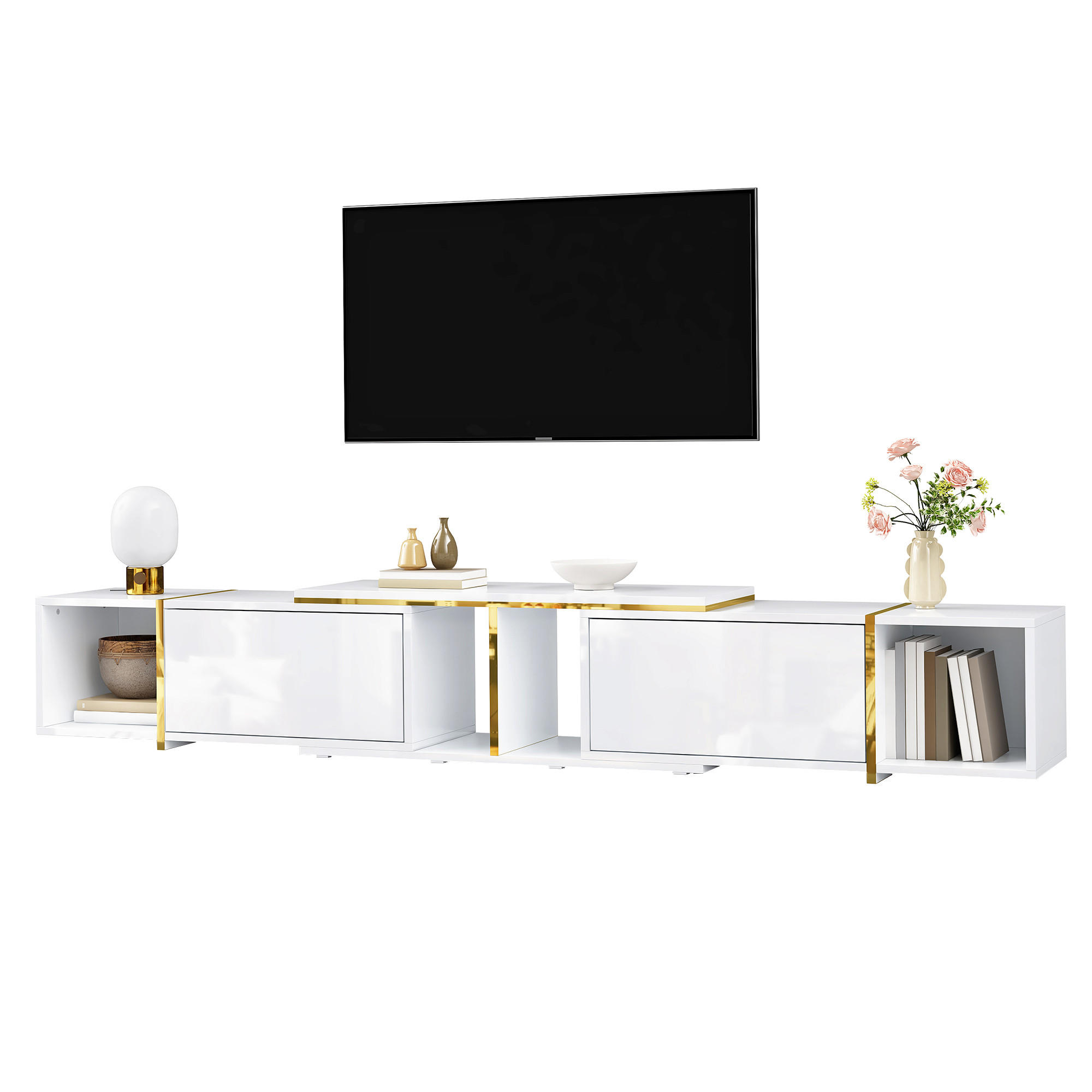 TV-LOWBOARD ausziehbar 275 x 35 x 37 cm, Spanplatte, Hochglanzfronten, Weiß - Weiß, Holzwerkstoff (275/37/35cm)
