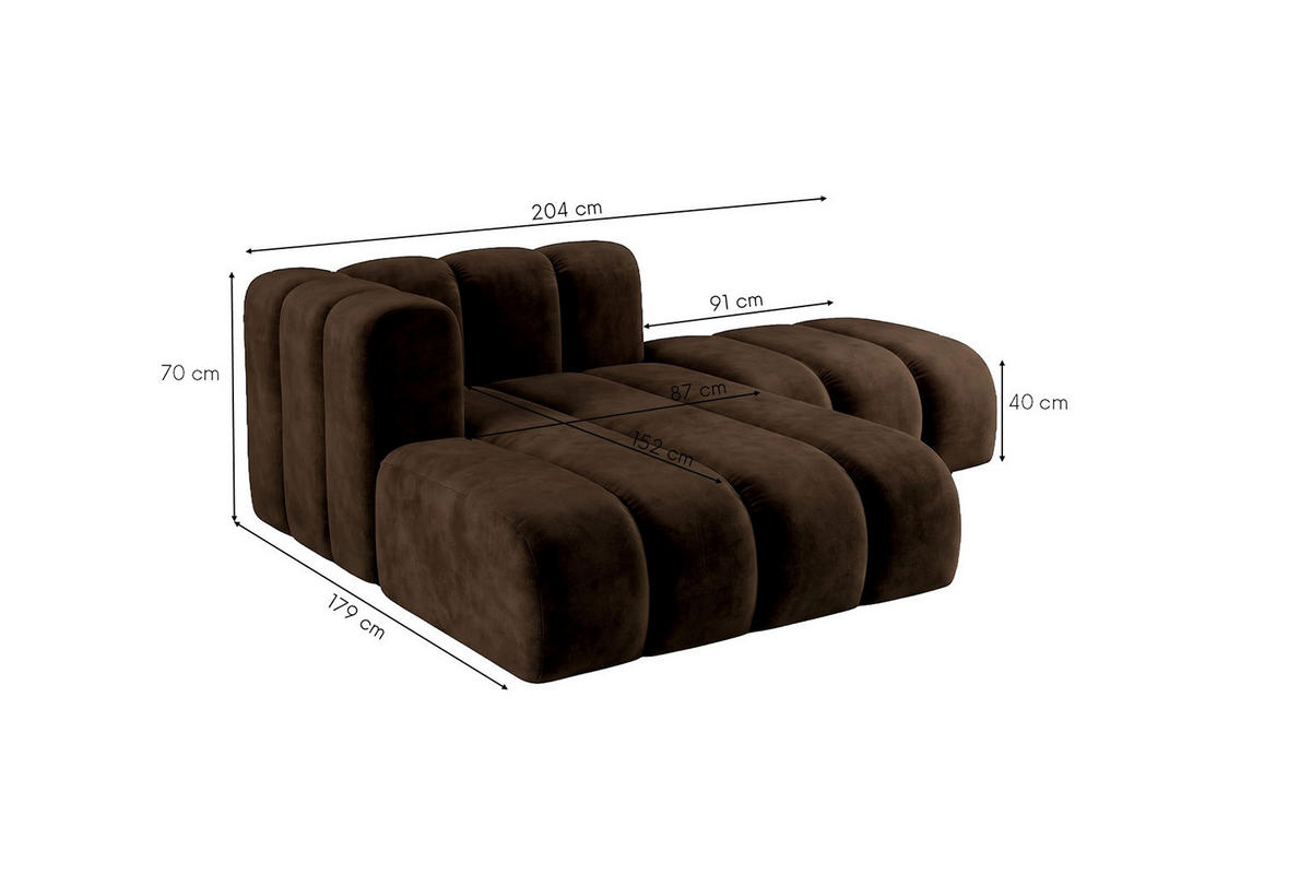 CHAISELONGUE Modulare Mit Hocker, Velvet-Stoff Riviera, Schokolade, Links, GRAND - Braun, Holz (204/179cm) - Kaiser Möbel