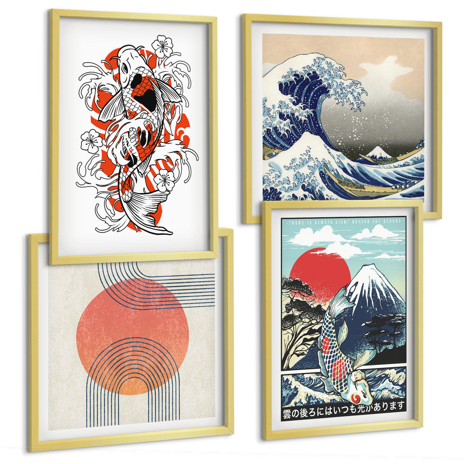BILDER SET 4er Set - 50x50 cm & 40x60 cm Goldrahmen - Illustrationen von Fischbergen, die sich in Japan ausbreiten - Goldfarben, Kunststoff (50/50cm) - TULUP