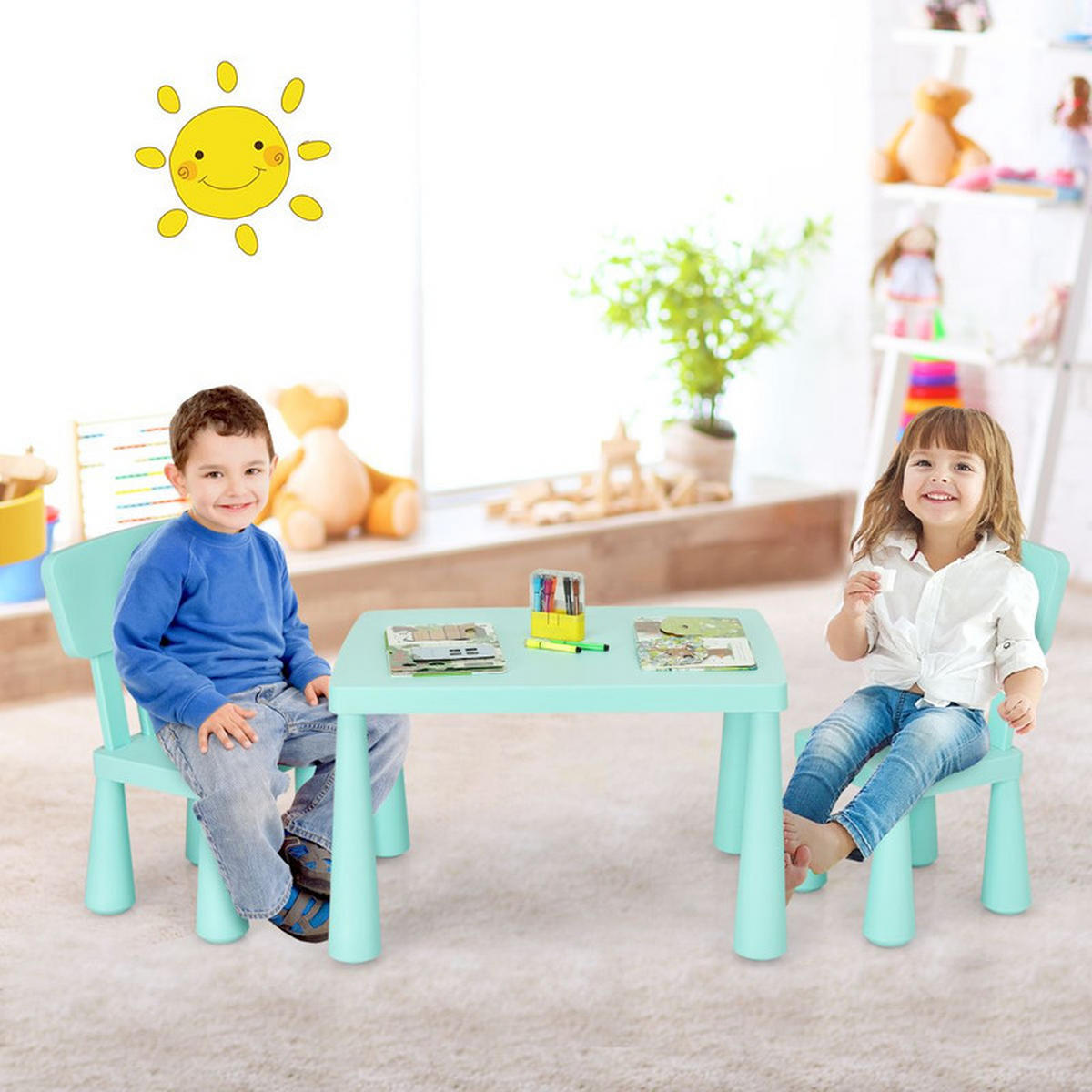 KINDERTISCH mit 2 Stühlen grün(3-tlg) - Grün, Kunststoff (76.5/49.5/54.5cm) - COSTWAY