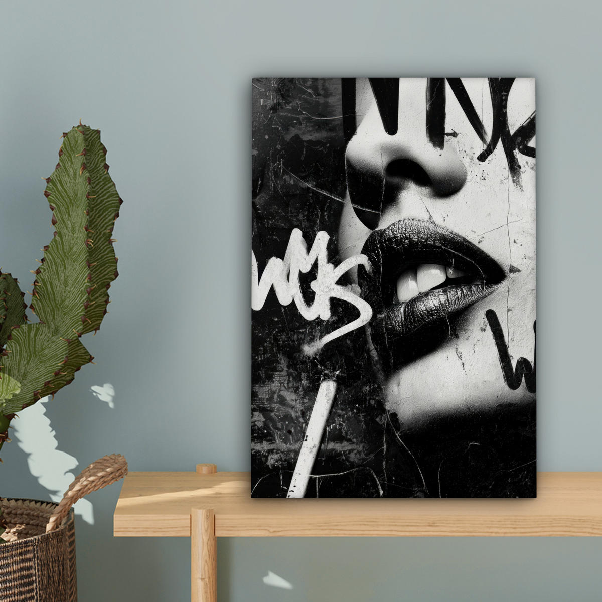 LEINWANDBILD Gesicht - Mund - Graffiti - Schwarz Deko Wohnzimmer 20x30 cm - Schwarz, Textil (20/30cm) - MuchoWow