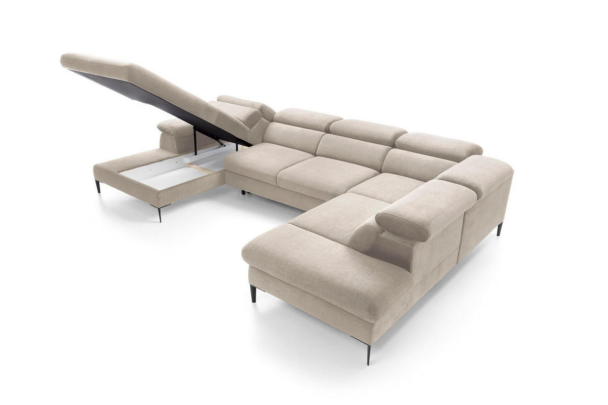 WOHNLANDSCHAFT MESTO Creme Velours-Stoff mit Schlaffunktion - Creme, Holz (353/94/182cm) - MASSENO