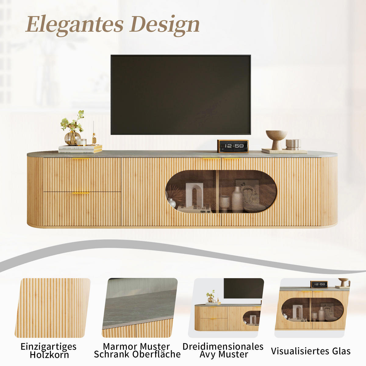 TV STOLEK vzhled dřeva a sklo moderní 172 cm design - přírodní, kompozitní dřevo (172/45.5/38cm) - Urban Meuble