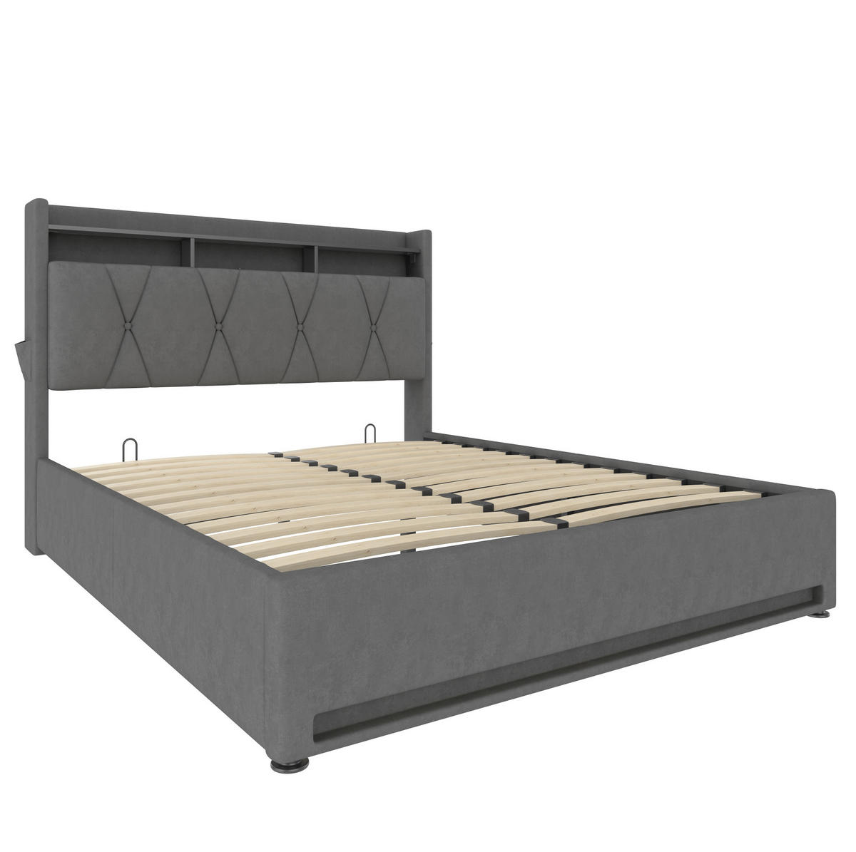 POLSTERBETT 160/200 cm mit LED-Beleuchtung, USB- und Type-C-Anschluss, Stauraum-Kopfteil und Bettkasten, Dunkelgrau - Dunkelgrau, Textil (160/200cm) - Redom