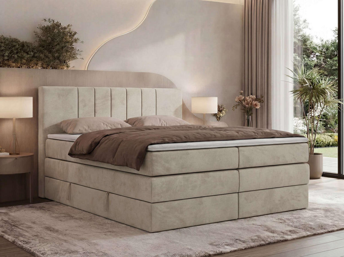 BOXSPRINGOVÁ POSTEĽ INERO KING 140/200 - Béžová Samet - Topper T25 - H4 (tvrdý) - čierna/béžová, textil/plast (140/200cm) - MKS