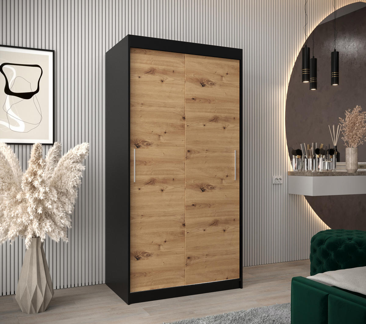 SCHWEBETÜRENSCHRANK 200/100/62 2-türig - Silberfarben/Schwarz, Holz/Kunststoff (100/200/62cm) - Abiks Möbel