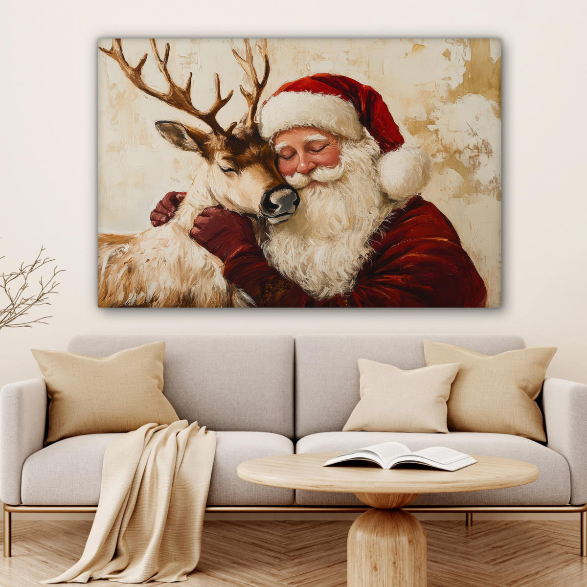 LEINWANDBILD Weihnachtsmann - Rentier - Weihnachten Wohnzimmer Groß 120x80 cm - Rotbraun, Textil (120/80cm) - MuchoWow