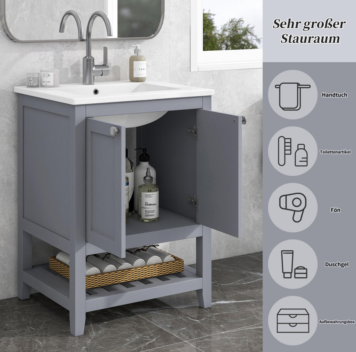 WASCHTISCHKOMBI 60 cm Grau/Weiß aus Massivholz und MDF mit Keramik-Waschbecken - Weiß, Holzwerkstoff (61/90/46cm) - OKMYHOME
