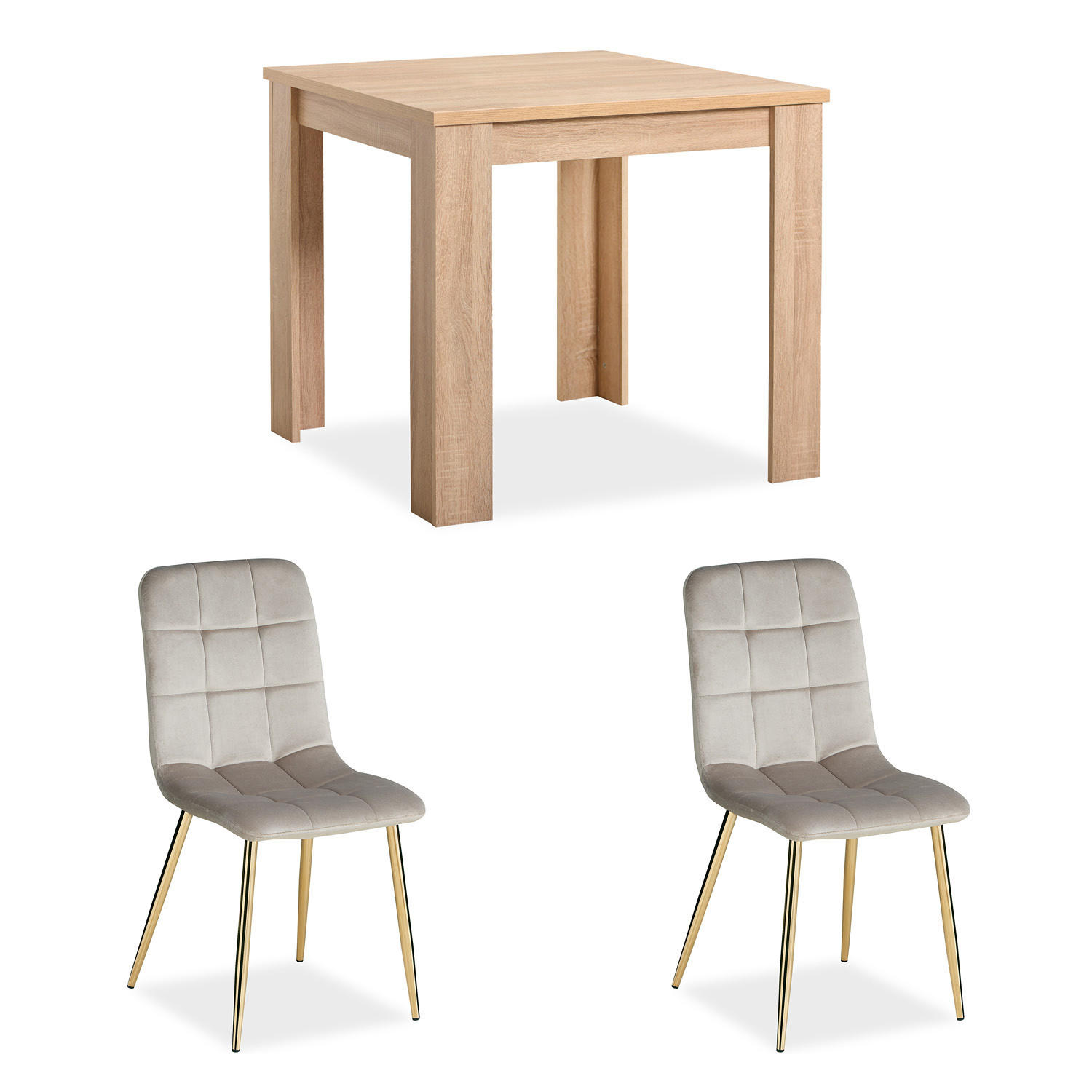 TISCHGRUPPE 80/80 cm in Natur mit 2 Stühle Samt - Beige/Naturfarben, Holz/Textil (80/88/80cm) - Homestyle4u