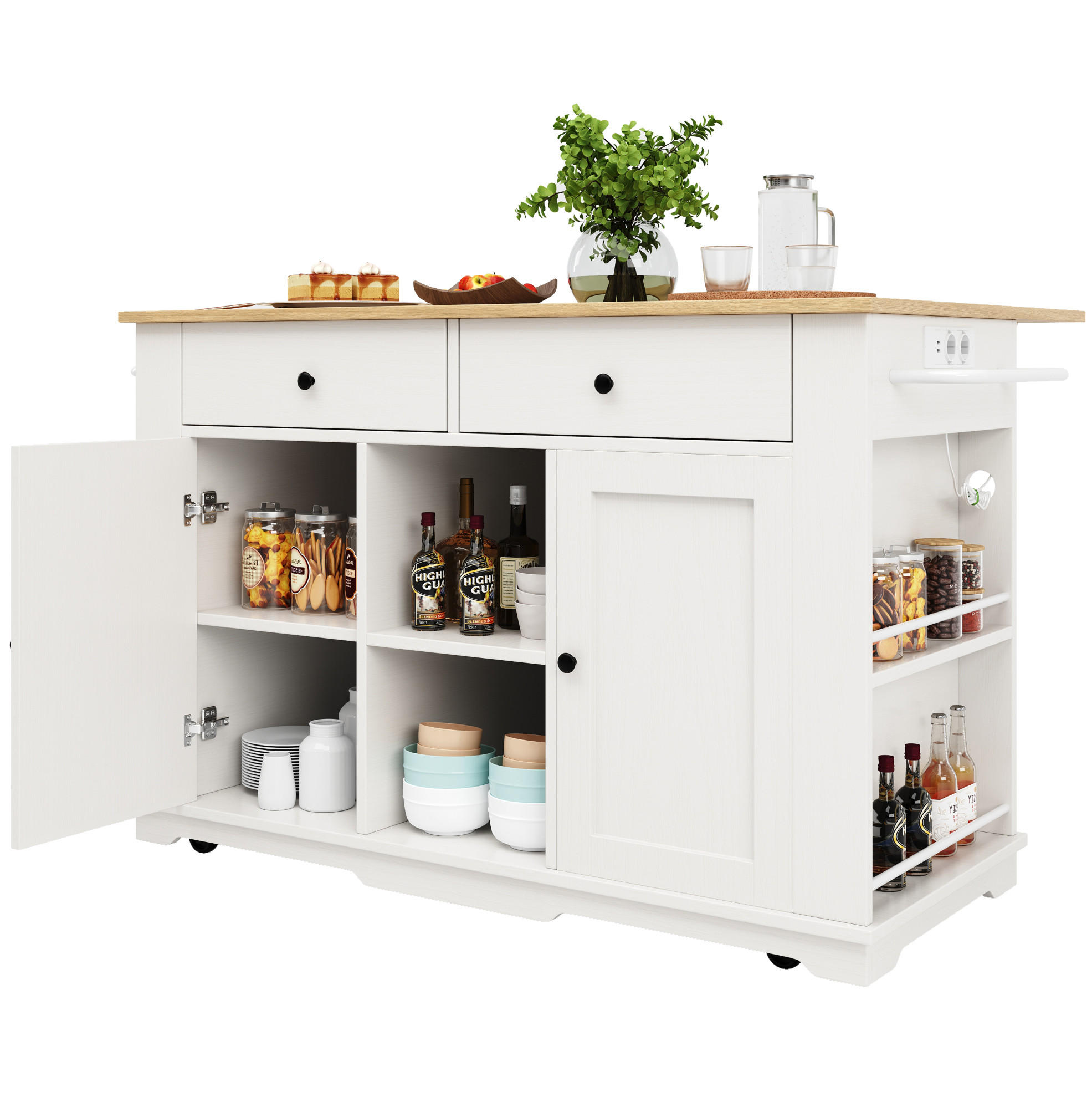 KÜCHENINSEL aus MDF mit Metallgestell, klappbarer Tisch & USB-Anschluss, 151,5/59,7/84,7/91,7 cm, Weiß/Natur - Weiß, Holzwerkstoff (151.5/91.7/59.7cm) - Redom