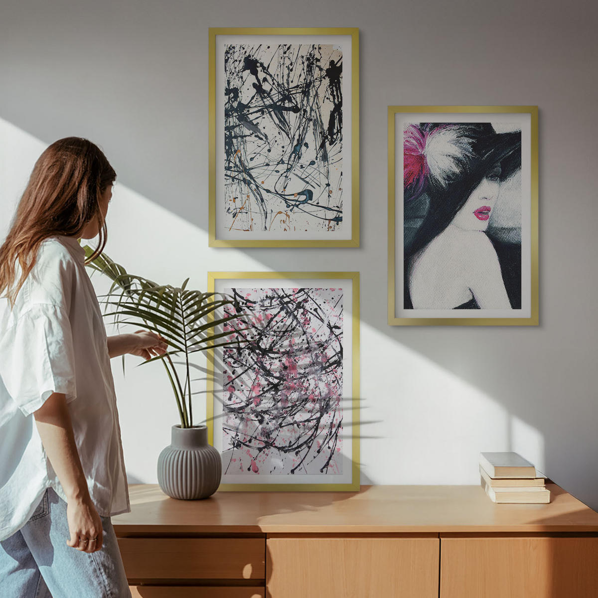 WANDBILDER 3er Set - 40x60 cm Goldrahmen - Abstrakte Farbmuster Hut - Goldfarben, Kunststoff (40/60cm) - ArtPrintCave