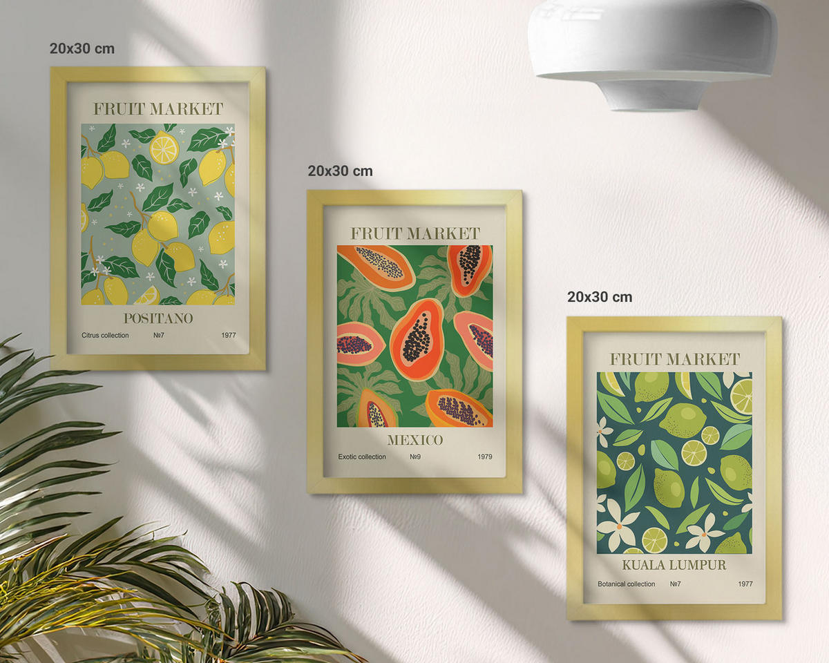 BILDER SET 3er Set - 20x30 cm Goldrahmen - Fruchtige Zitronen- und Papayamuster - Goldfarben, Kunststoff (20/30cm) - TULUP