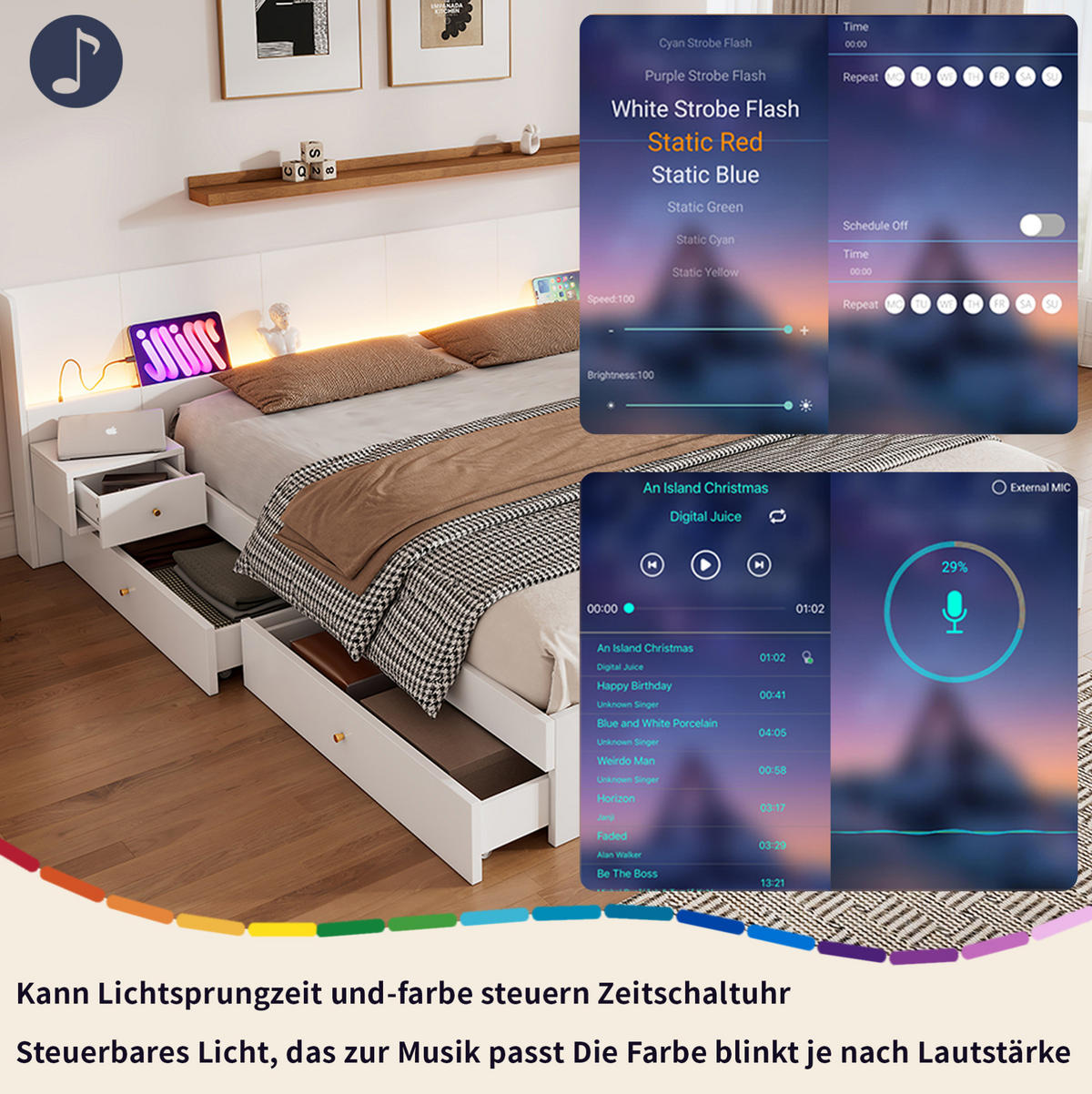 DOPPELBETT 180/200 cm in Weiß mit LED, USB, Steckdose, 2 Nachttischen & Schubladen - Weiß, Holzwerkstoff (180/200cm) - BEAOK