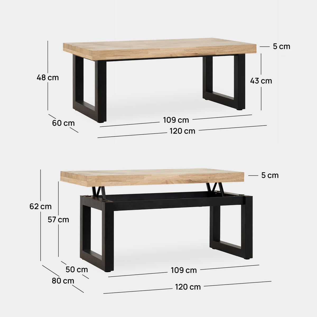 COUCHTISCH HOCHKLAPPBARER Alys Schwarz 120 cm x 48 - 62 cm - Schwarz, Holz (60/120/48cm) - Klast Home