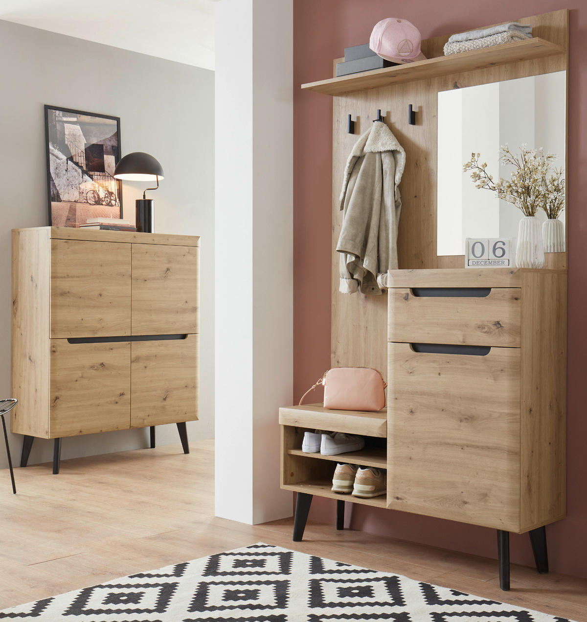 GARDEROBEN-SET 2-teilig Artisan Eiche, schwarz Garderobenkombination skandinavisch - Schwarz/Eiche Artisan, Holzwerkstoff/Metall (237/200/40cm) - Furn.Design