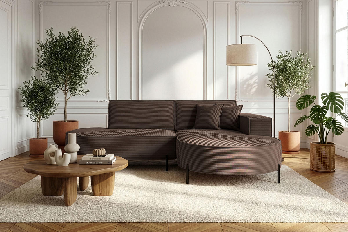 ECKSOFA Hana Loft 3-Sitzer Ecke Rechts, Cordstoff Chenille, Dunkelbraun 241/80/168 cm - Schwarz/Braun, Textil/Metall (241/168cm) - WFL GROUP