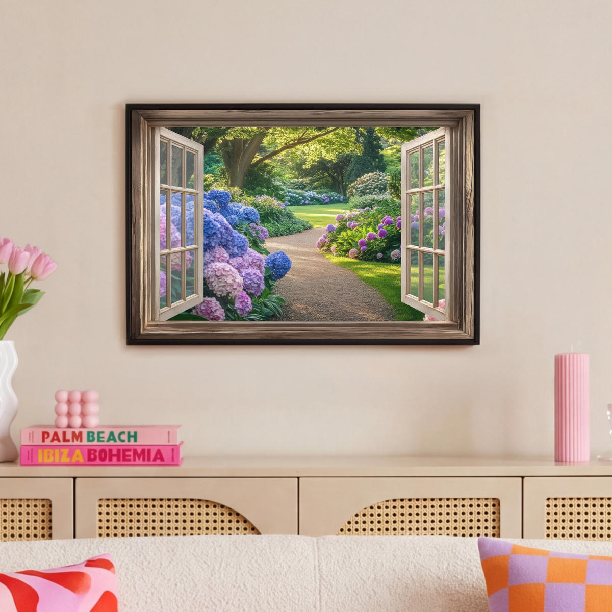 LEINWAND Bilder mit Rahmen - Aussicht - Garten - Fenster - Hortensie - Blumen - 60x40 - Pastellblau, Textil (60/40cm) - MuchoWow