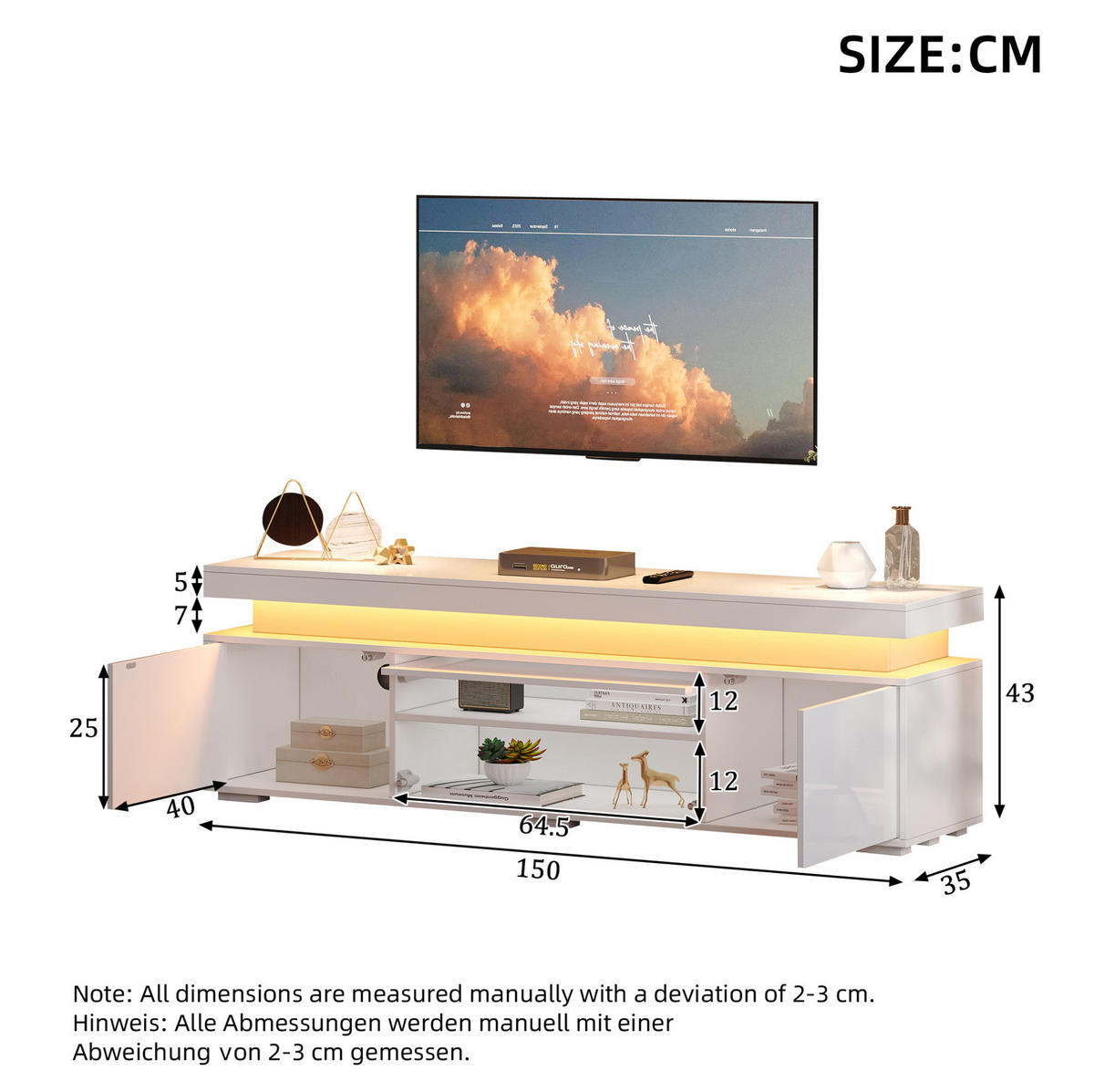 TV-LOWBOARD 150/35/43 cm Weiß aus Spanplatte mit LED-Beleuchtung - Weiß, Holzwerkstoff (150/43/35cm) - OKWISH
