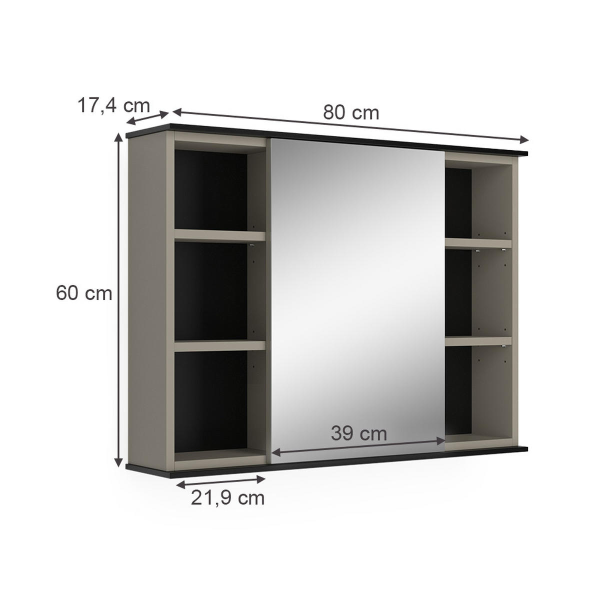 BADSPIEGELSCHRANK Joli Greige 80 x 60 cm mit Spiegel - Greige/Schwarz, Holzwerkstoff (80/60/17.4cm) - Vicco