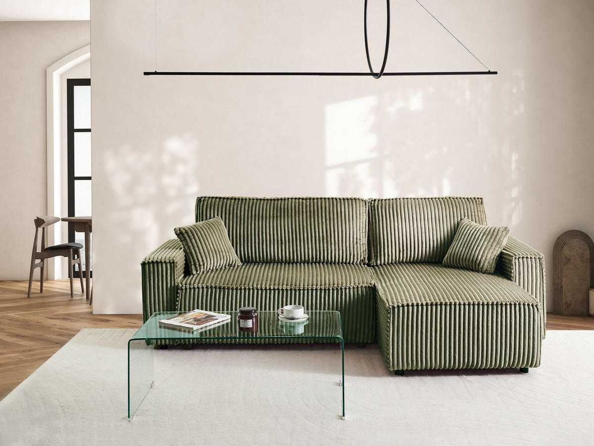 ROZKLÁDACÍ ROHOVÁ POHOVKA 3-místná Manšestr Zelená s úložným prostorem levostranná Abacka - zelená barva, textil (247/147cm) - Beliani