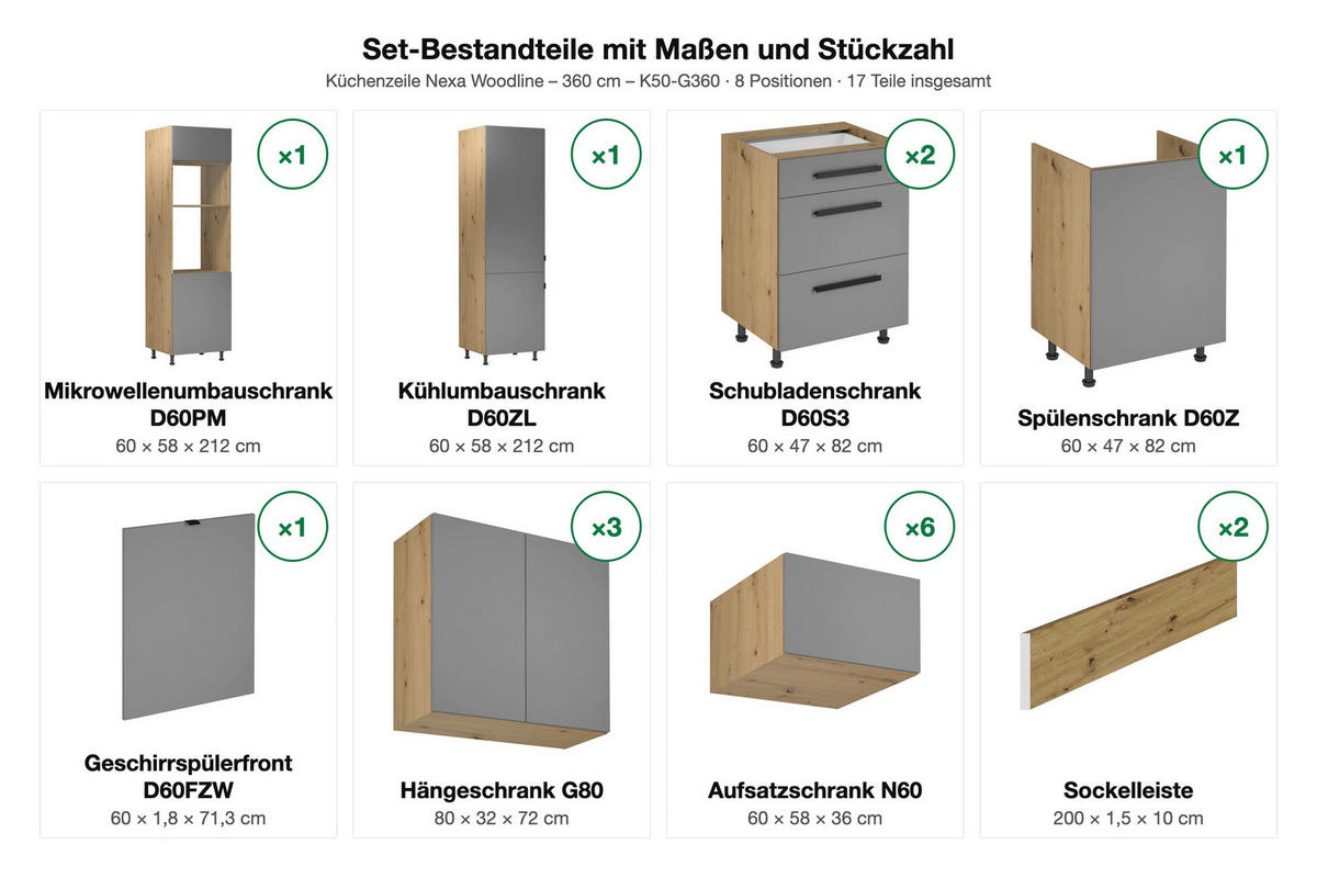 KÜCHENZEILE Nexa Woodline – 360 cm – K50-G360 - Hellbraun/Schwarz, Holzwerkstoff/Metall (360/248/58cm) - ROYAL24_MARKT