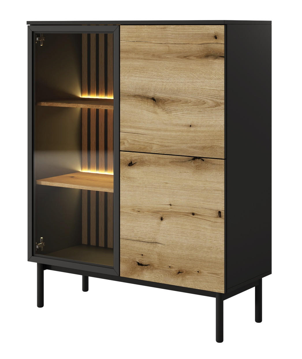 VITRINE 100 cm Jotare, 2 Türen, LED, Schwarz, Eiche Evoke - Schwarz, Holz (100/125/39cm) - Emporius