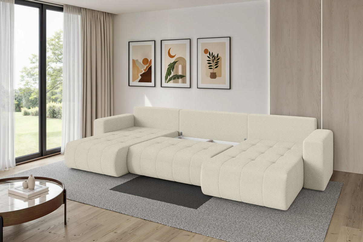 SEDACÍ SOUPRAVA DO U s funkcí spaní a úložným prostorem MILA-U 378x194x86 béžová bouclé - černá/písková barva, kompozitní dřevo/textil (378/86/194cm) - ALTDECOR