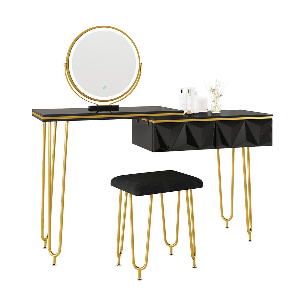 SCHMINKTISCH Bella Schwarz 120 cm mit LED Spiegel und Hocker - Schwarz, Holzwerkstoff (120/76/37cm) - Vicco